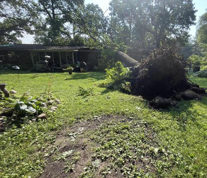 In this picture you see a home severely damaged by a large fallen tree.